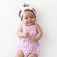 Smocked Bubble Romper in Gingham Thistle