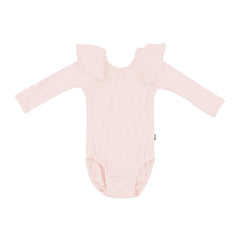 Ribbed Long Sleeve Ruffle Leotard in Blush