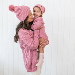 Cable Knit Adult Pom Beanie in Apple Blossom