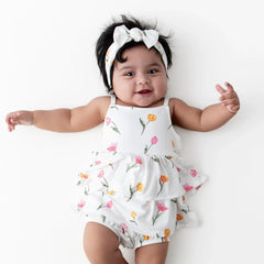 Spaghetti Strap Ruffle Romper in Tulip