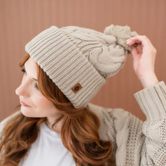 Cable Knit Adult Pom Beanie in Almond