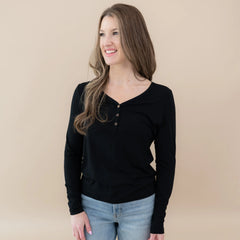 Women's Long Sleeve Henley Tee in Midnight