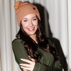 Cable Knit Adult Pom Beanie in Latte