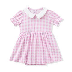 Peter Pan Collar Bodysuit Dress in Gingham Thistle