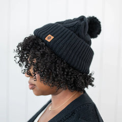 Cable Knit Adult Pom Beanie in Midnight
