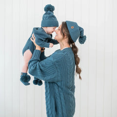 Cable Knit Adult Pom Beanie in Atlantic
