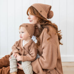 Chunky Knit Adult Pom Beanie in Latte