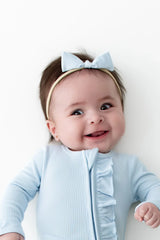 Ribbed Ruffle Zipper Footie in Breeze