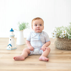 Zipper Shortall Romper in Small Mist Stripe