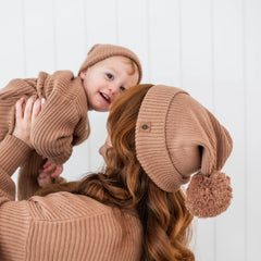 Chunky Knit Adult Pom Beanie in Latte