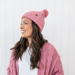 Cable Knit Adult Pom Beanie in Apple Blossom