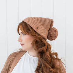 Chunky Knit Adult Pom Beanie in Latte
