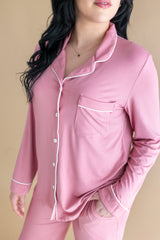 Long-Sleeved Women's Pajama Set in Apple Blossom with Cloud Trim