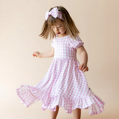 Puff Sleeve Twirl Dress in Gingham Thistle