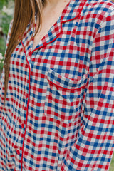 Long-Sleeved Women's Pajama Set in Patriotic Gingham
