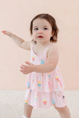 Spaghetti Strap Ruffle Romper in Sakura Ice Cream