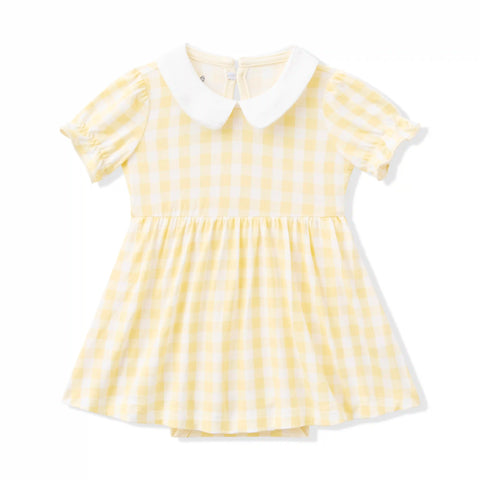 Peter Pan Collar Bodysuit Dress in Gingham Chamomile