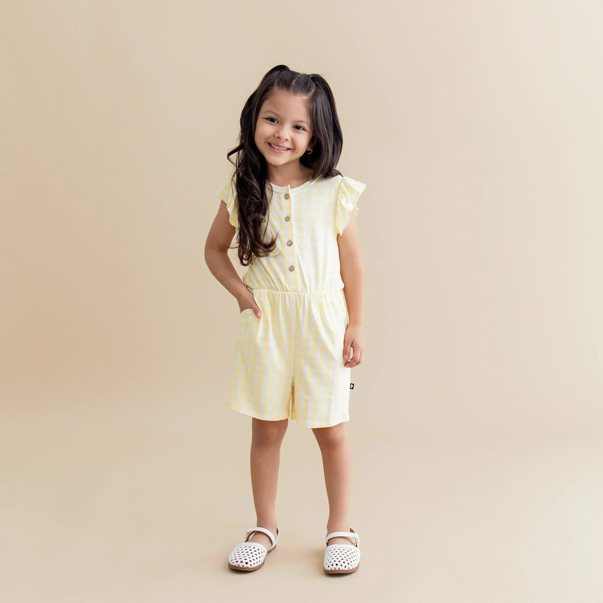 Flutter Sleeve Romper in Gingham Chamomile