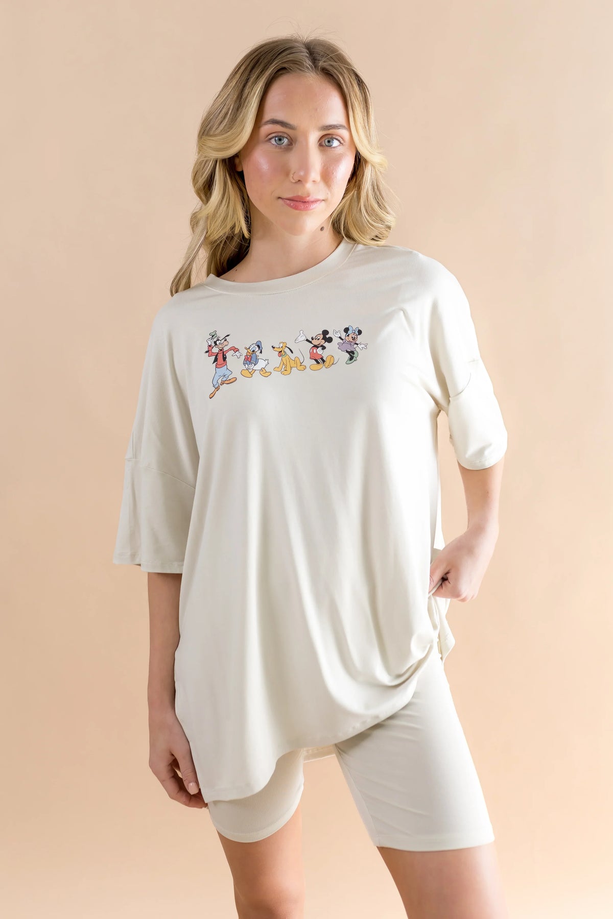 Women’s Biker Short Set in Mickey and Friends on Ecru
