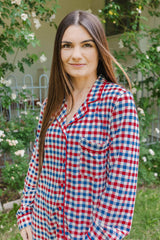 Long-Sleeved Women's Pajama Set in Patriotic Gingham