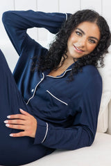 Long-Sleeved Women's Pajama Set in Navy with Cloud Trim