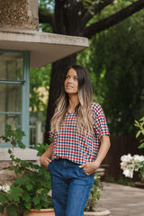 Women's Relaxed Fit V-Neck in Patriotic Gingham