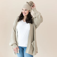 Chunky Knit Adult Pom Beanie in Almond