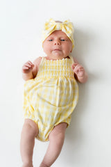 Smocked Bubble Romper in Gingham Chamomile