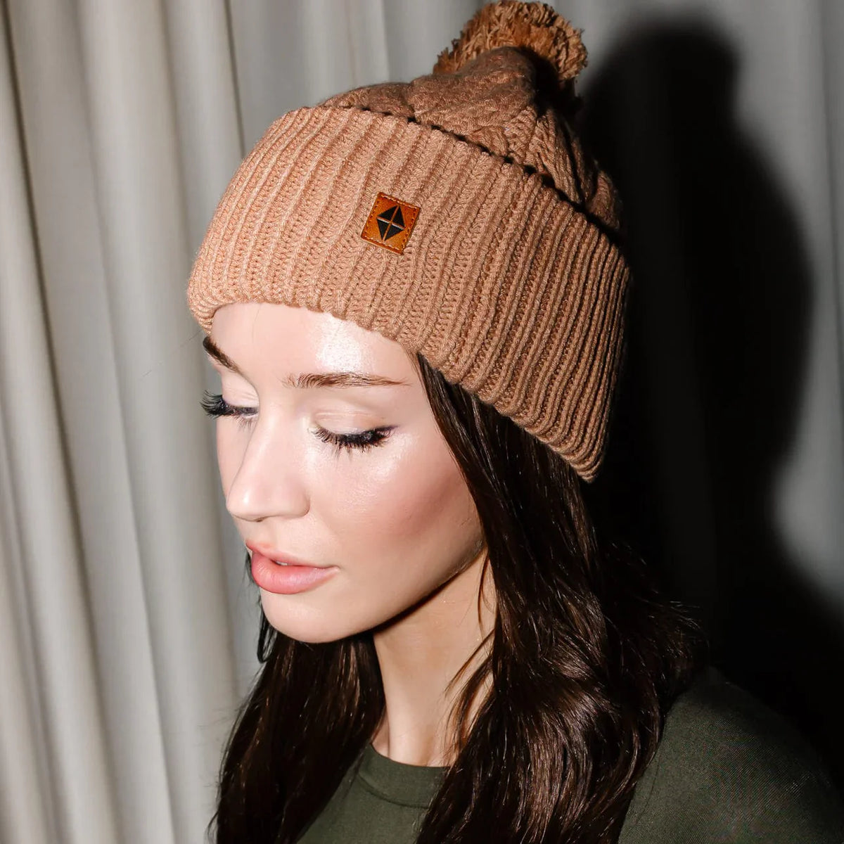 Cable Knit Adult Pom Beanie in Latte