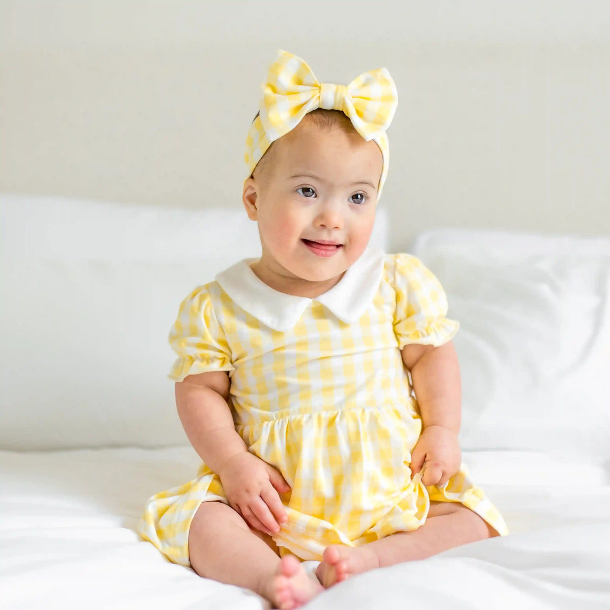 Peter Pan Collar Bodysuit Dress in Gingham Chamomile