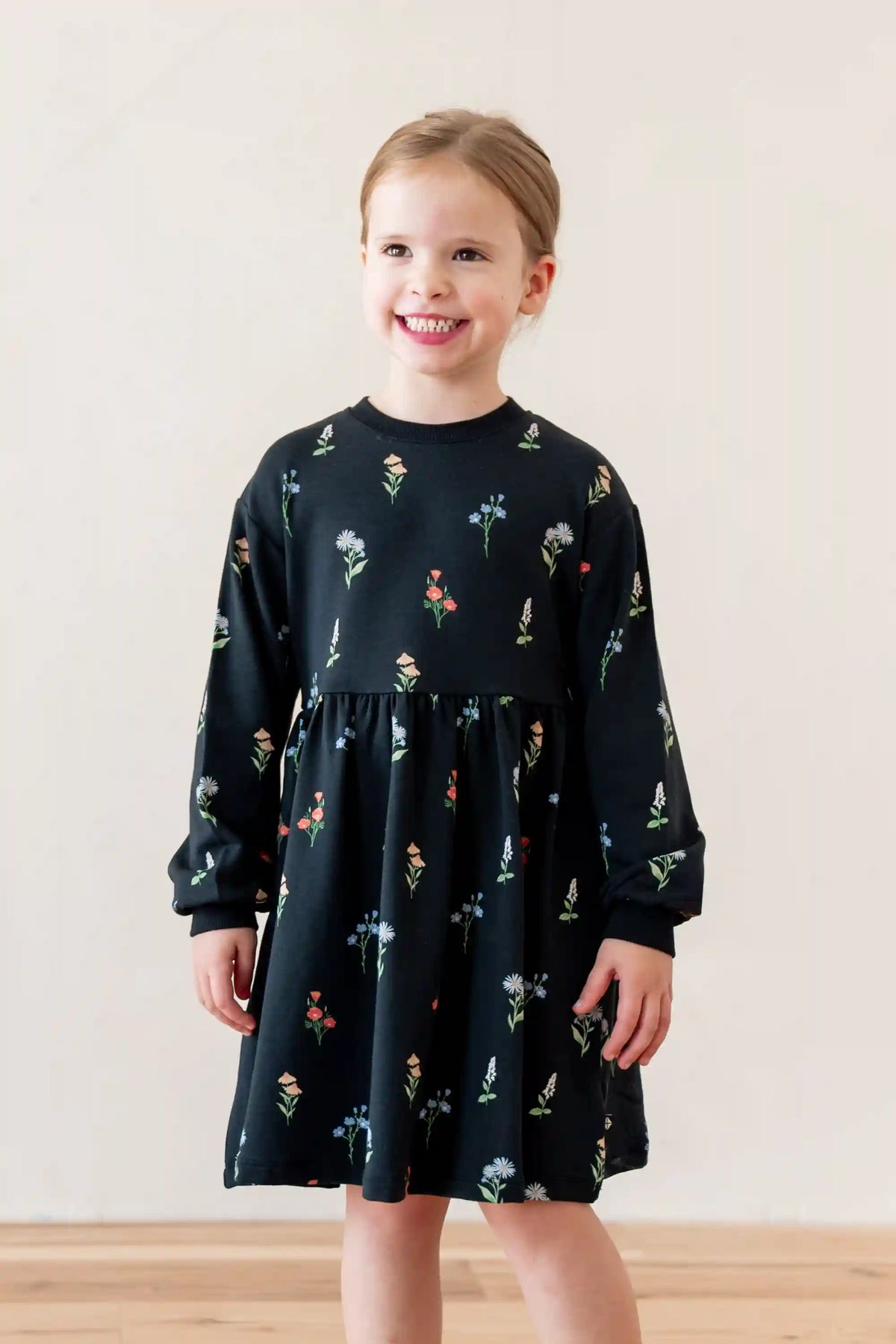 Long Sleeve Skater Dress in Midnight Wildflower