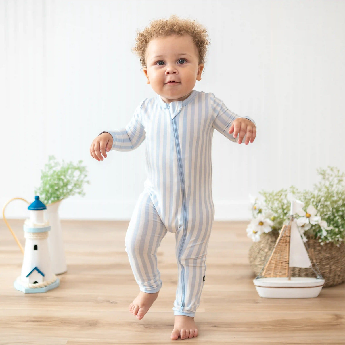 Zippered Romper in Small Mist Stripe
