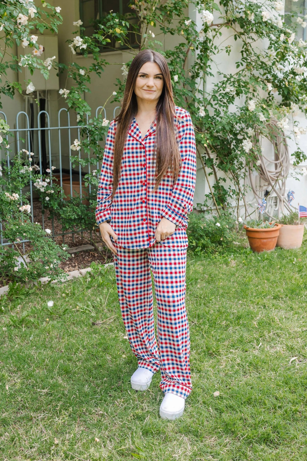 Long-Sleeved Women's Pajama Set in Patriotic Gingham