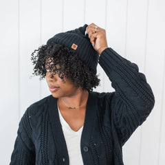 Cable Knit Adult Pom Beanie in Midnight
