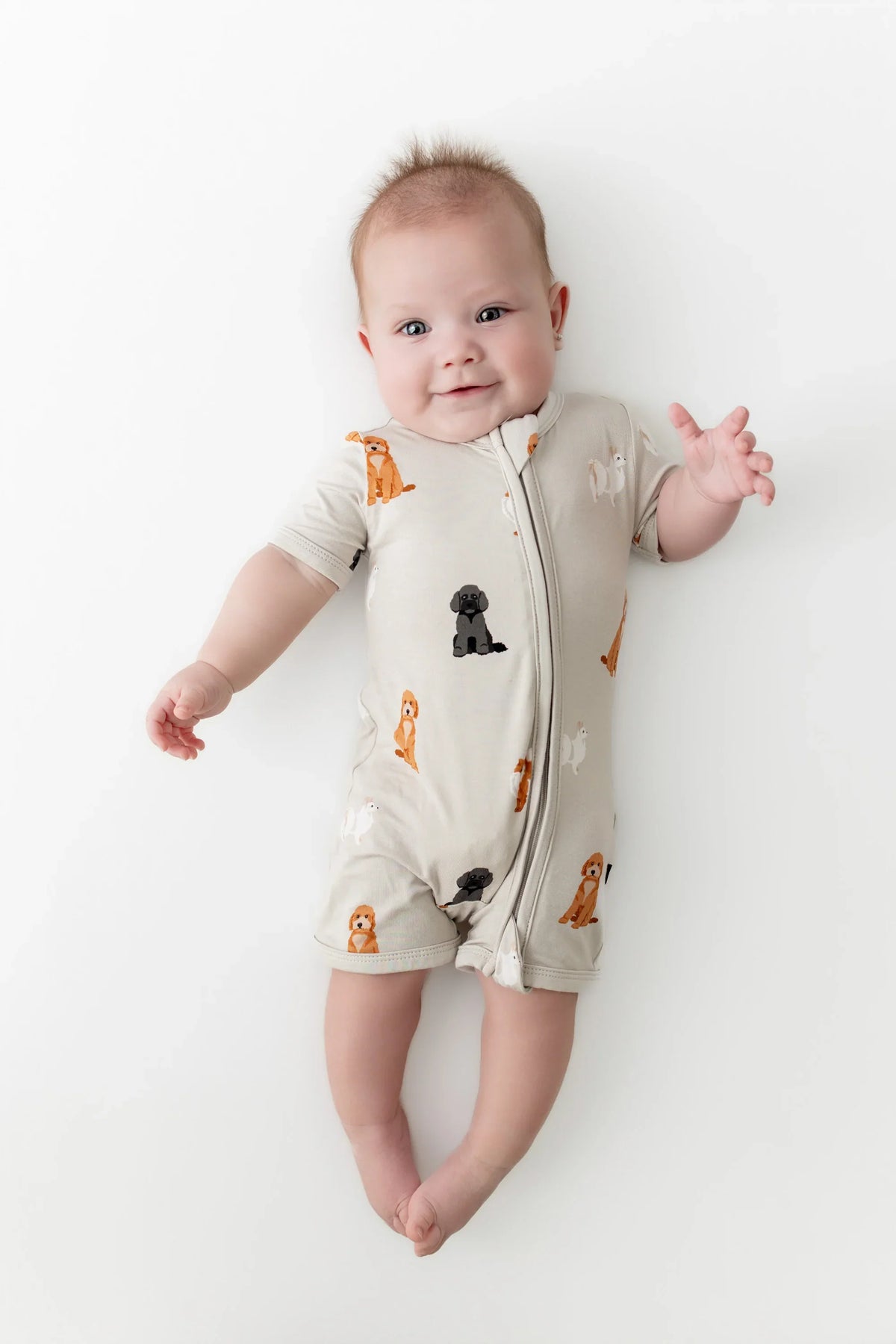 Zippered Shortall Romper in Fluffy Dog