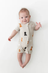 Zippered Shortall Romper in Fluffy Dog