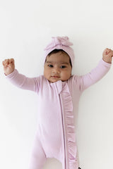 Ribbed Ruffle Zipper Footie in Thistle