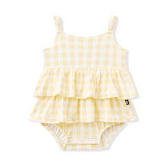 Spaghetti Strap Ruffle Romper in Gingham Chamomile