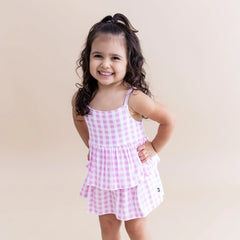 Spaghetti Strap Ruffle Romper in Gingham Thistle