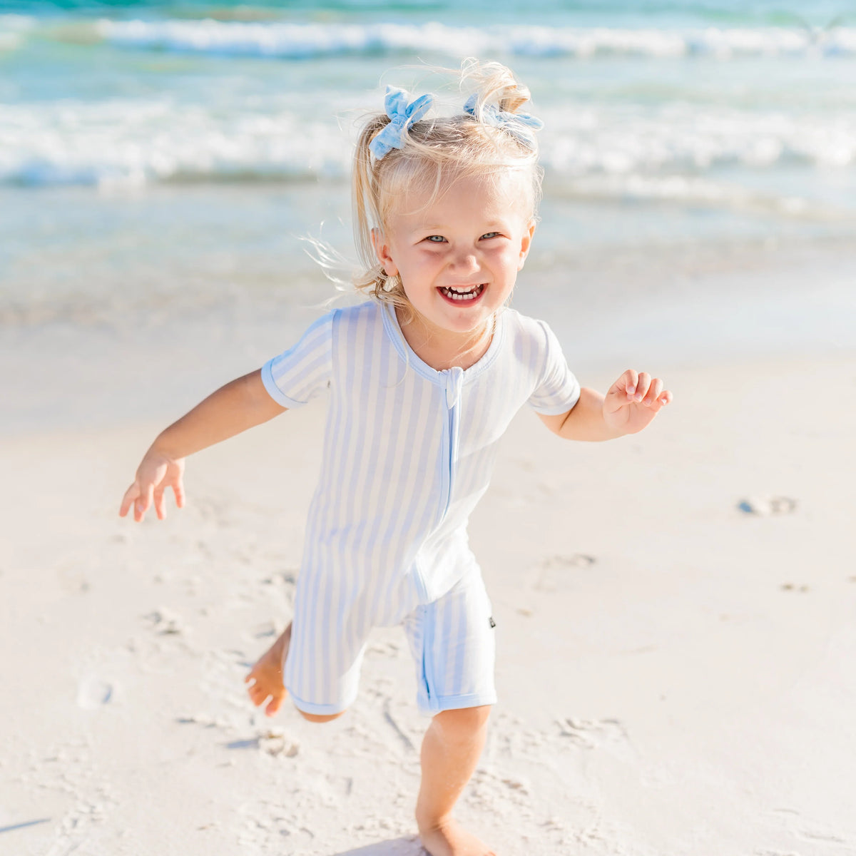 Zipper Shortall Romper in Small Mist Stripe