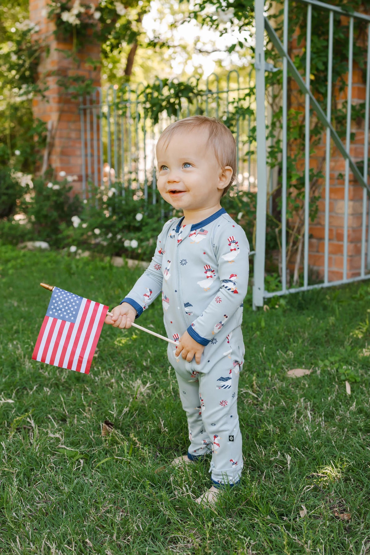 Zippered Romper in Patriotic Goose