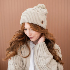 Cable Knit Adult Pom Beanie in Almond