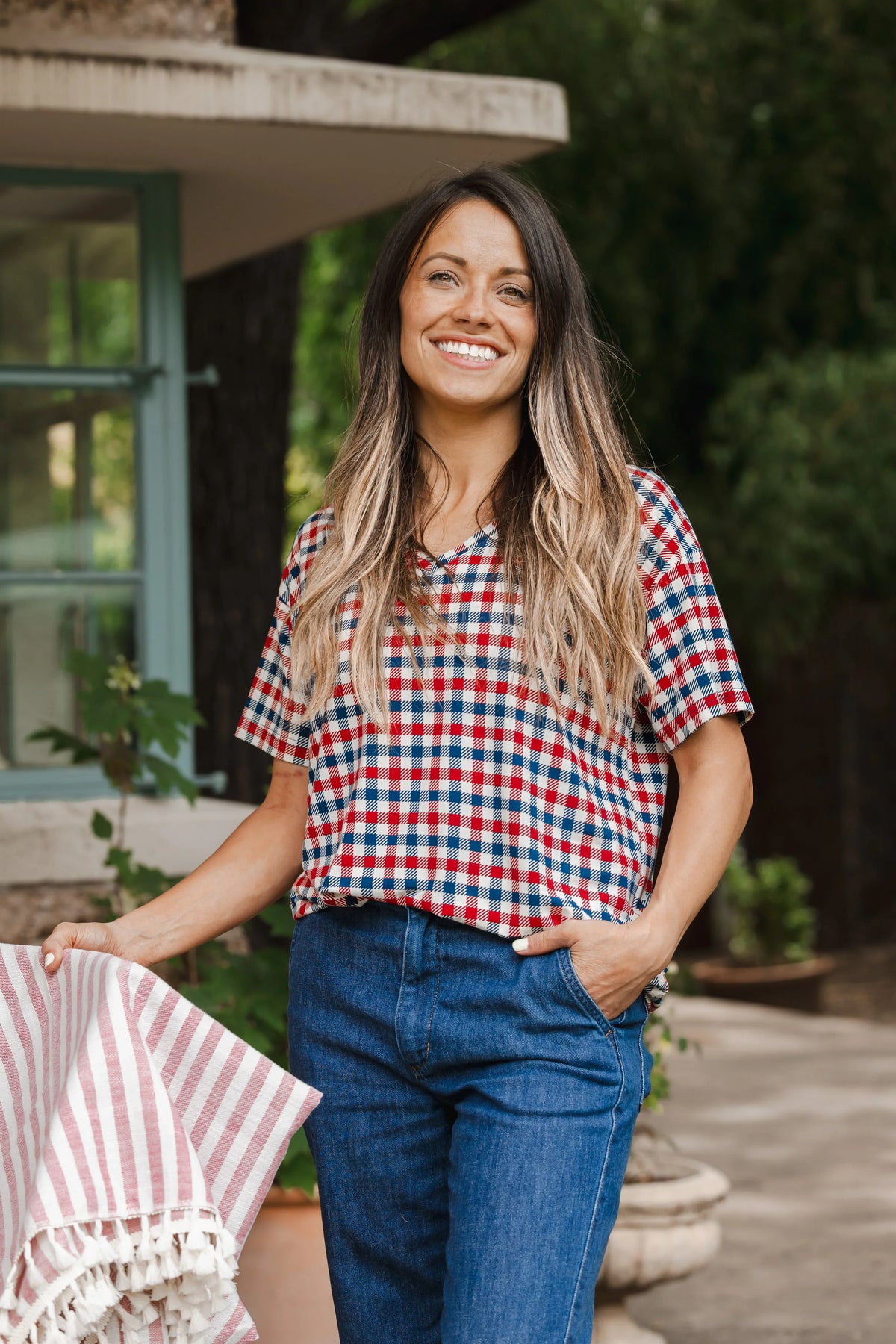 Women's Relaxed Fit V-Neck in Patriotic Gingham